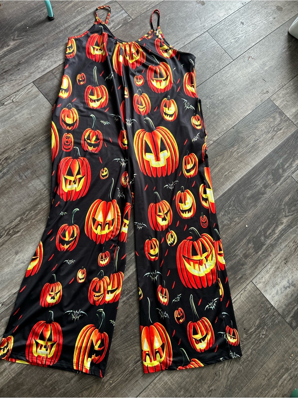 Halloween Pumpkin Bat Print Wide-Leg Jumpsuit - Black & Orange XL Pat1